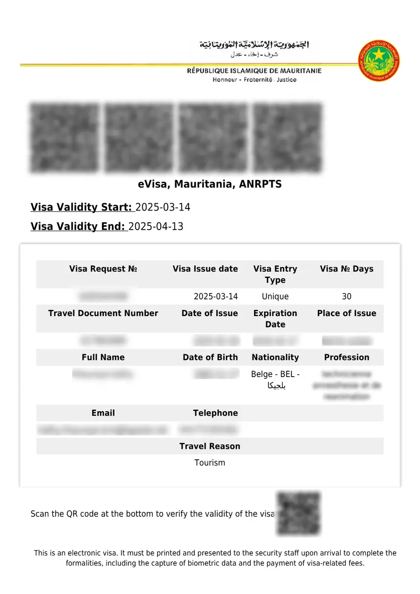 Sample Mauritania eVisa issued by ANRPTS